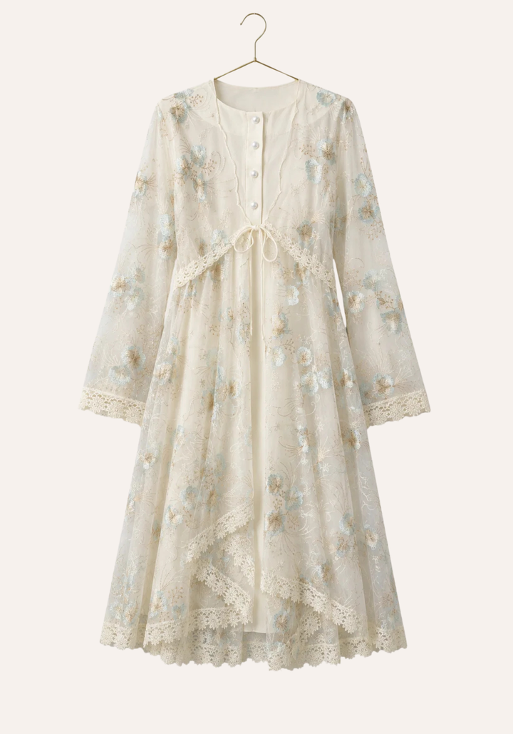 Maternal Short Robe Set: Long Sleeve Buttoned Nighty And Long Sleeve Organza Dantel Robe
