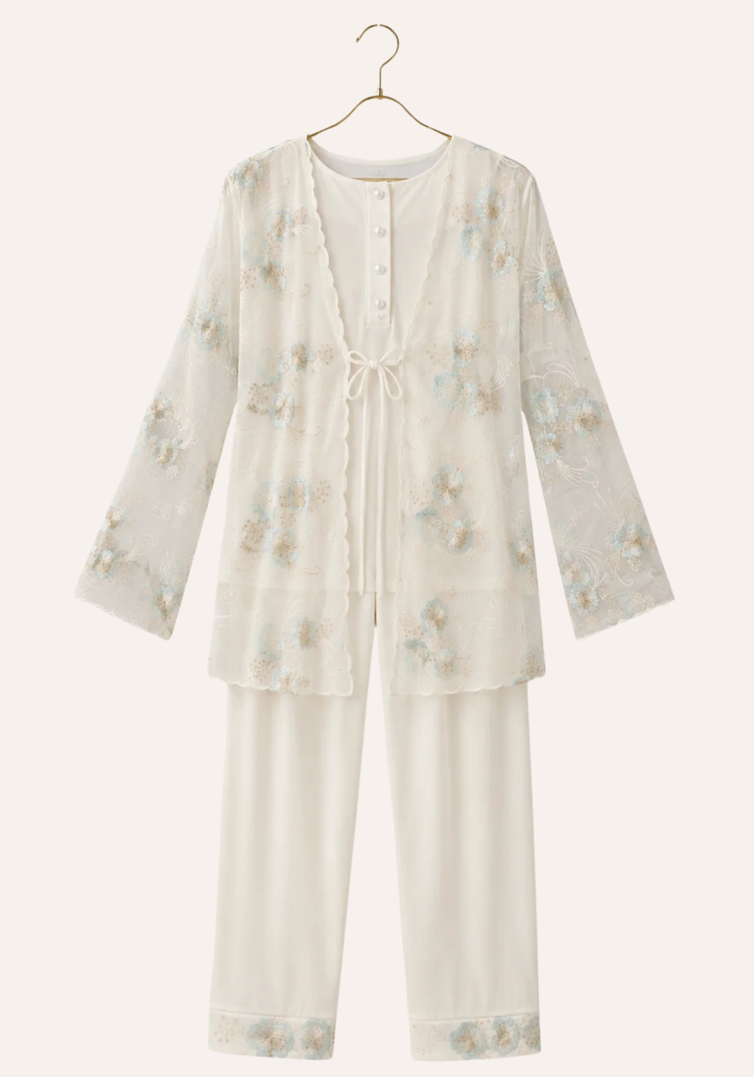 Maternal 3-Pieces Pajamas: Long Sleeve Buttoned Top And Pants And Long Sleeve Organza Robe
