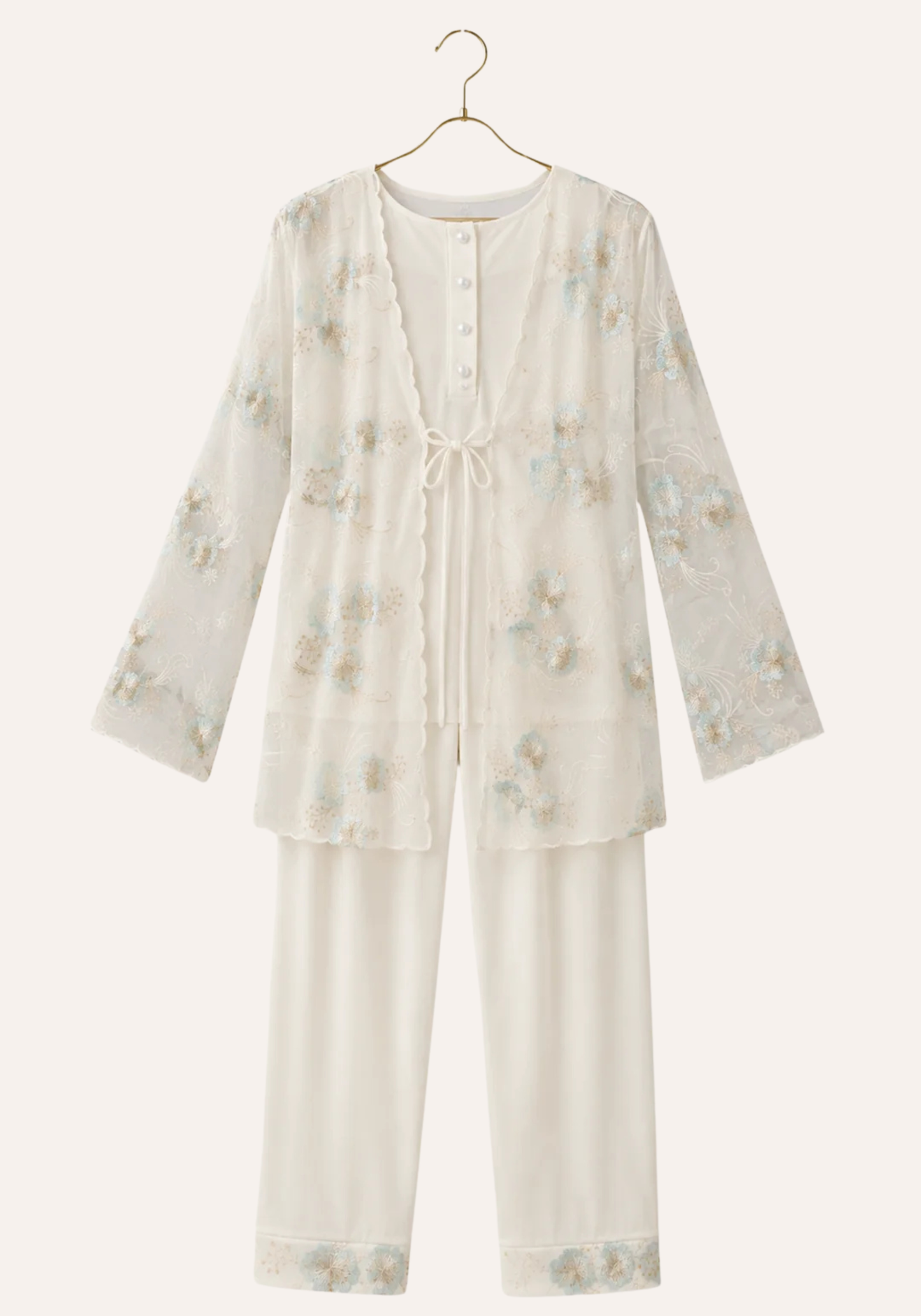 Maternal 3-Pieces Pajamas: Long Sleeve Buttoned Top And Pants And Long Sleeve Organza Robe