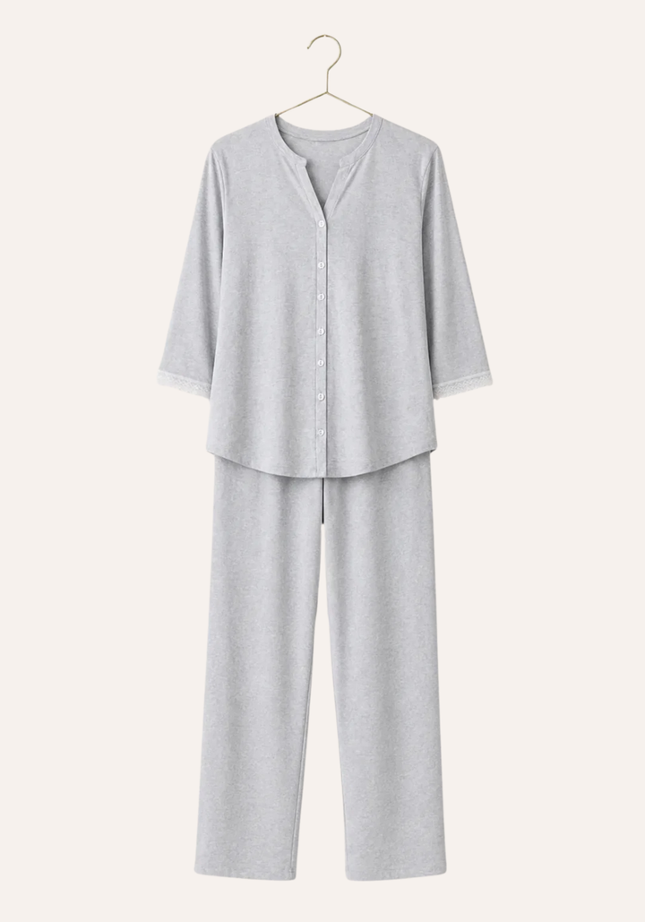 Plain Button Top With Lace Detail And Pants