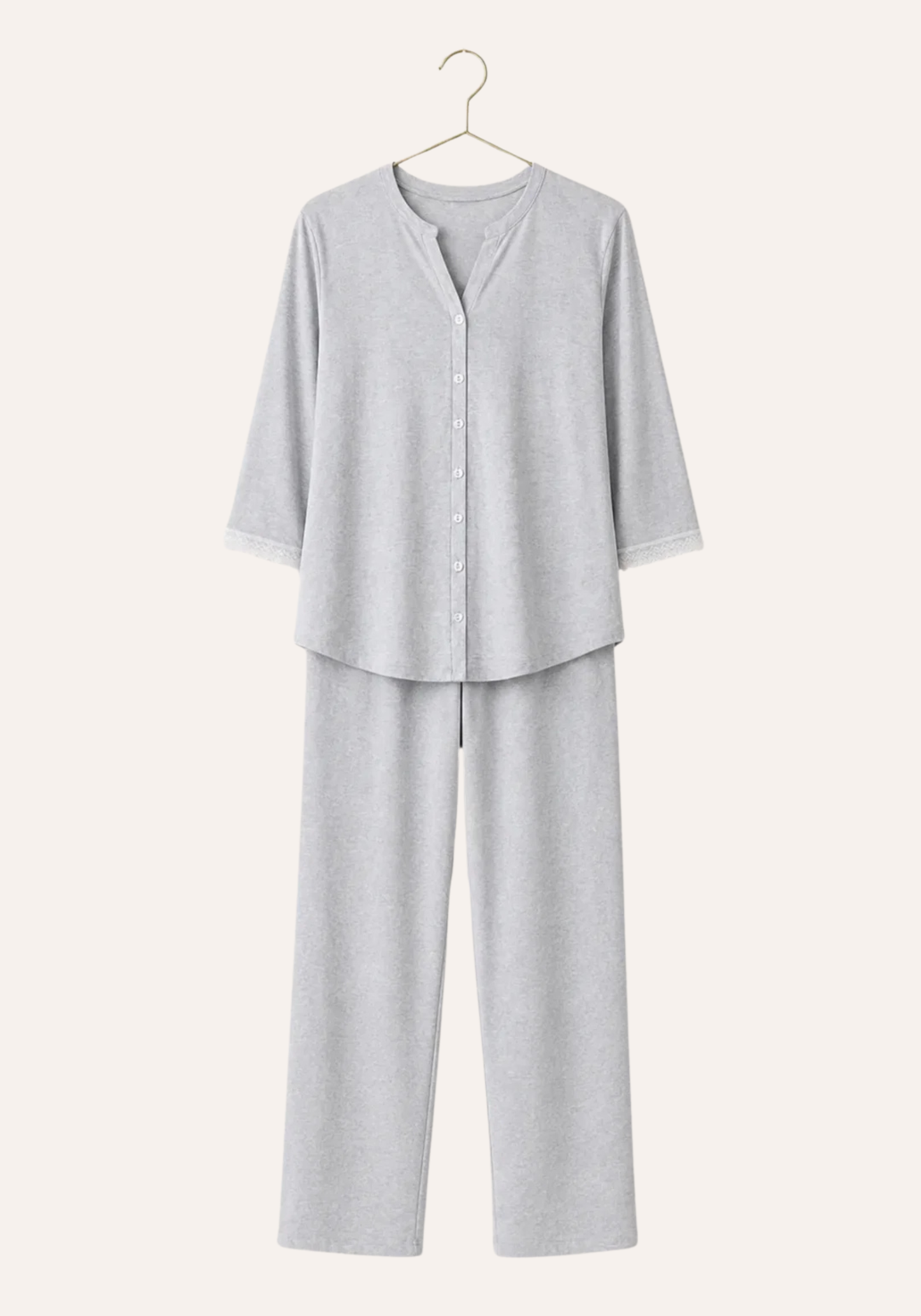 Plain Button Top With Lace Detail And Pants