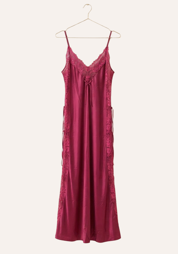 Shoulder Strap Long Nighty With Lace Details And Side Openings