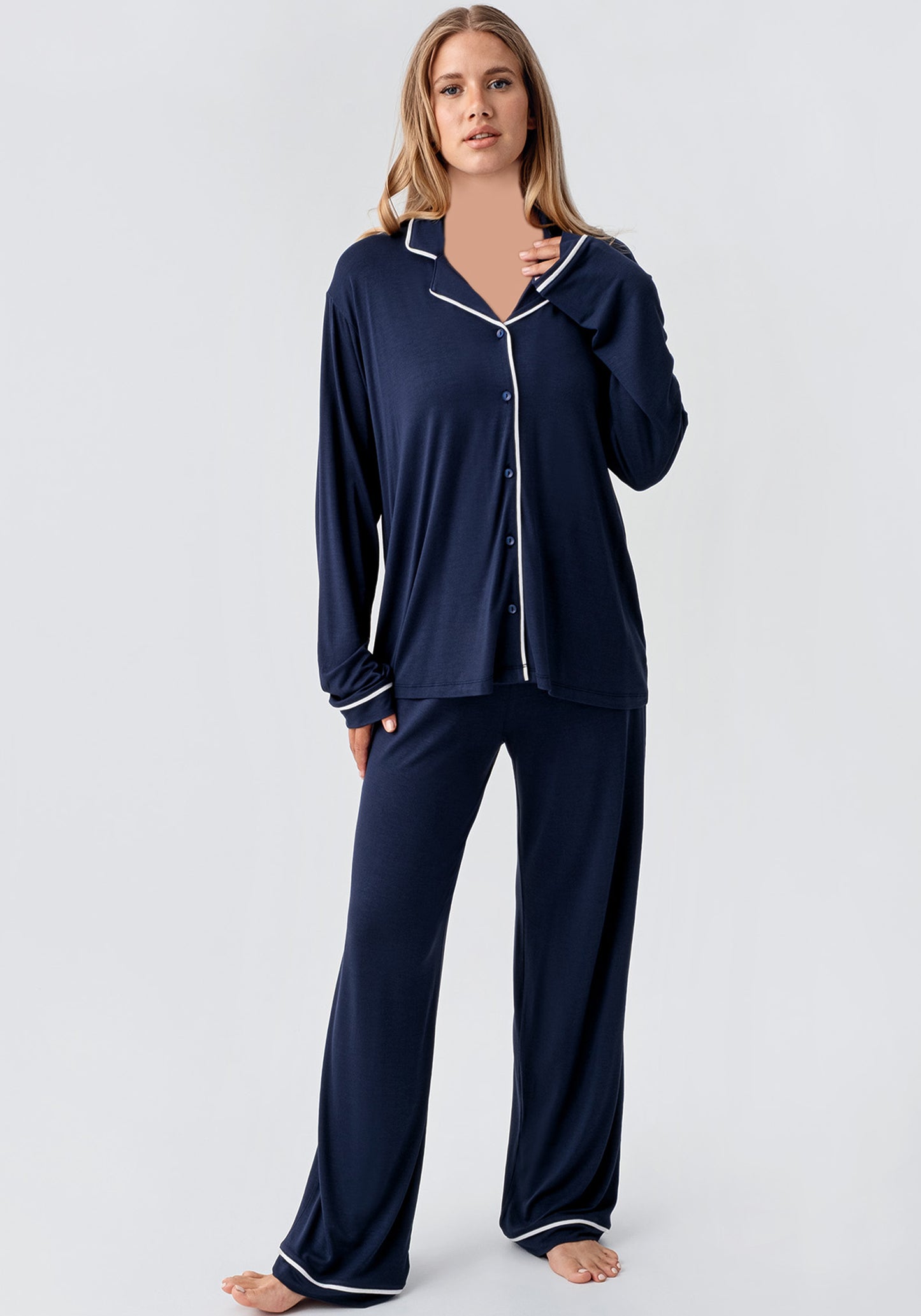 Maternal Viscose Lycra Collar Button Long Sleeve Pajamas