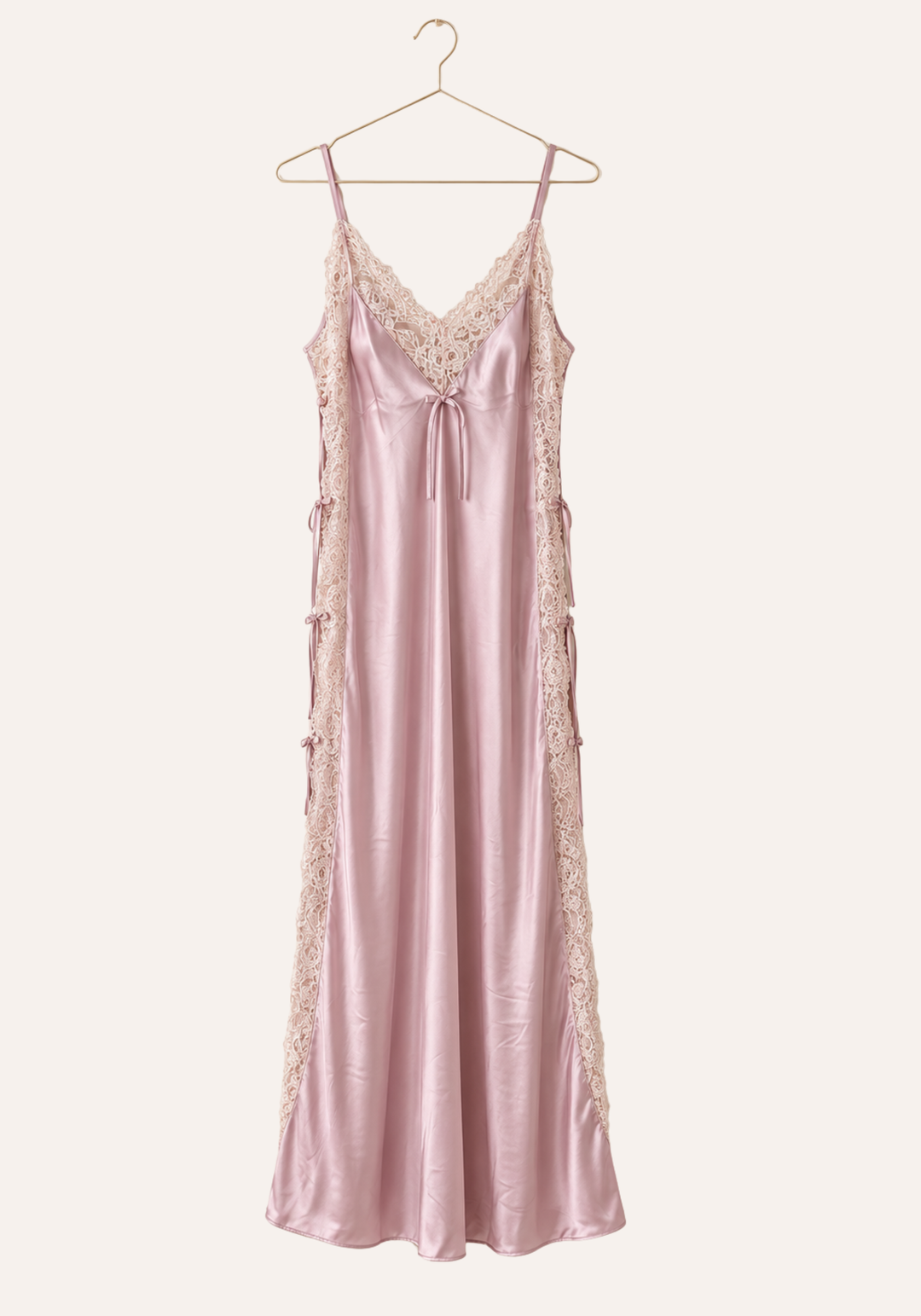 Shoulder Strap Long Nighty With Lace Details And Side Openings