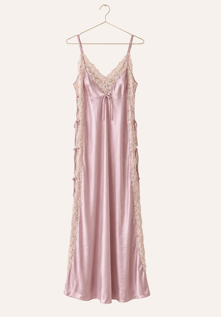 Shoulder Strap Long Nighty With Lace Details And Side Openings