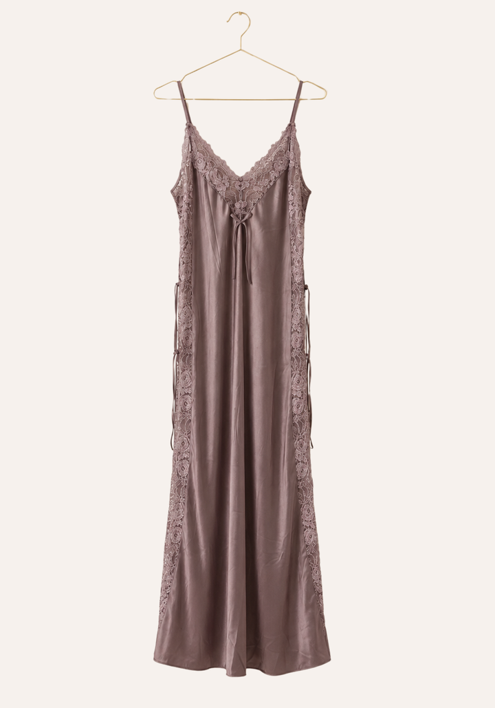 Shoulder Strap Long Nighty With Lace Details And Side Openings