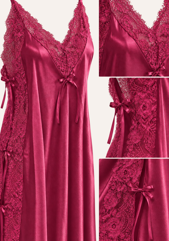 Shoulder Strap Long Nighty With Lace Details And Side Openings