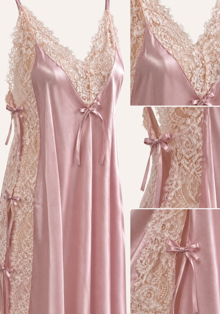Shoulder Strap Long Nighty With Lace Details And Side Openings