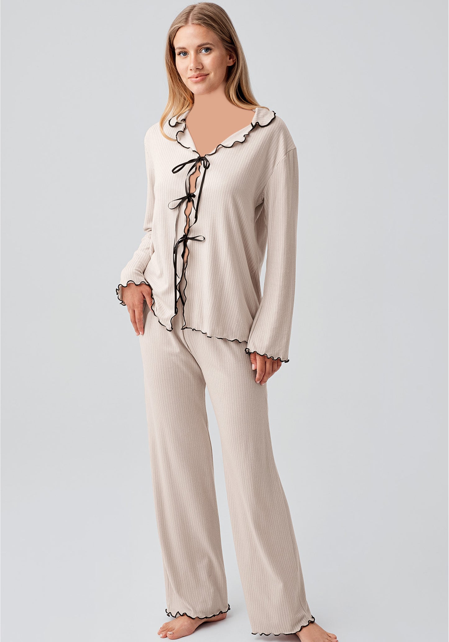 Long Sleeve Collar Ribbon Top And Pant Set