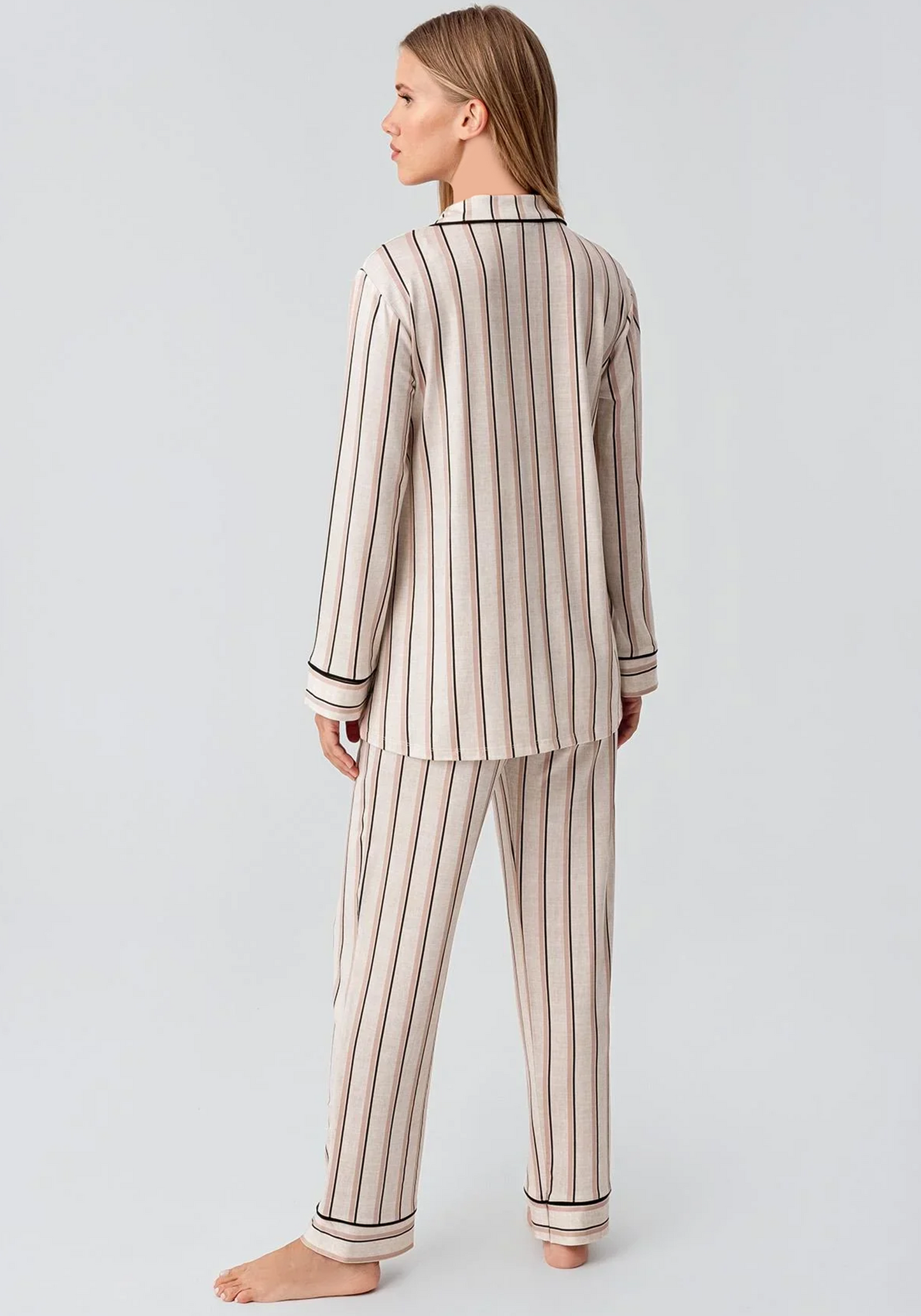 Collar Button Long Sleeve Striped Pajamas
