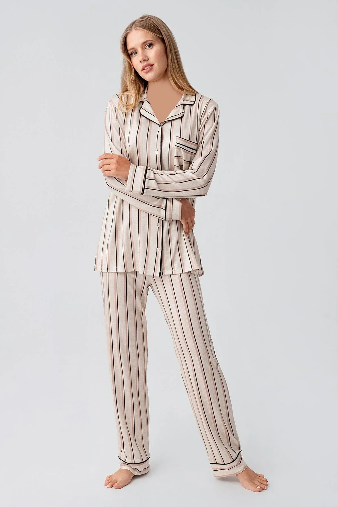 Collar Button Long Sleeve Striped Pajamas