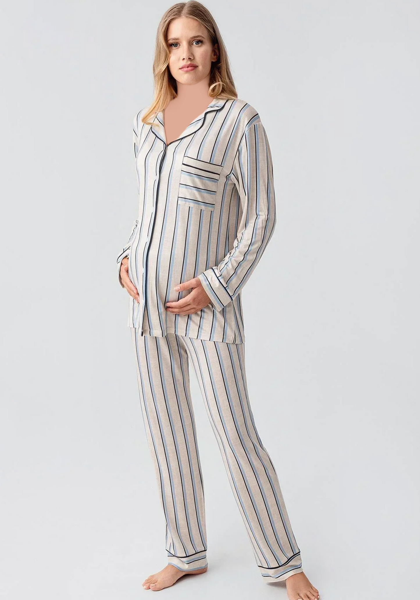 Collar Button Long Sleeve Striped Pajamas