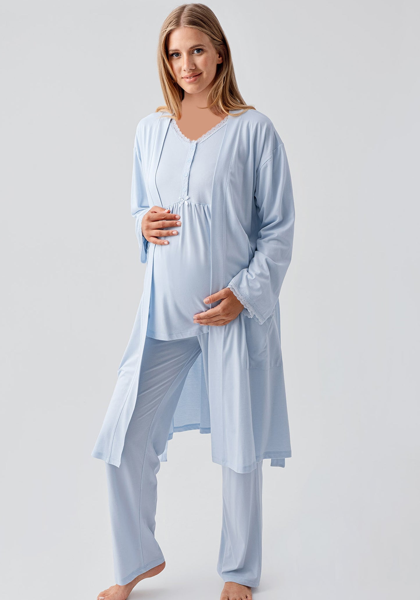 Maternal 3 Pieces Viscose Lycra Long Robe And Pajama Set