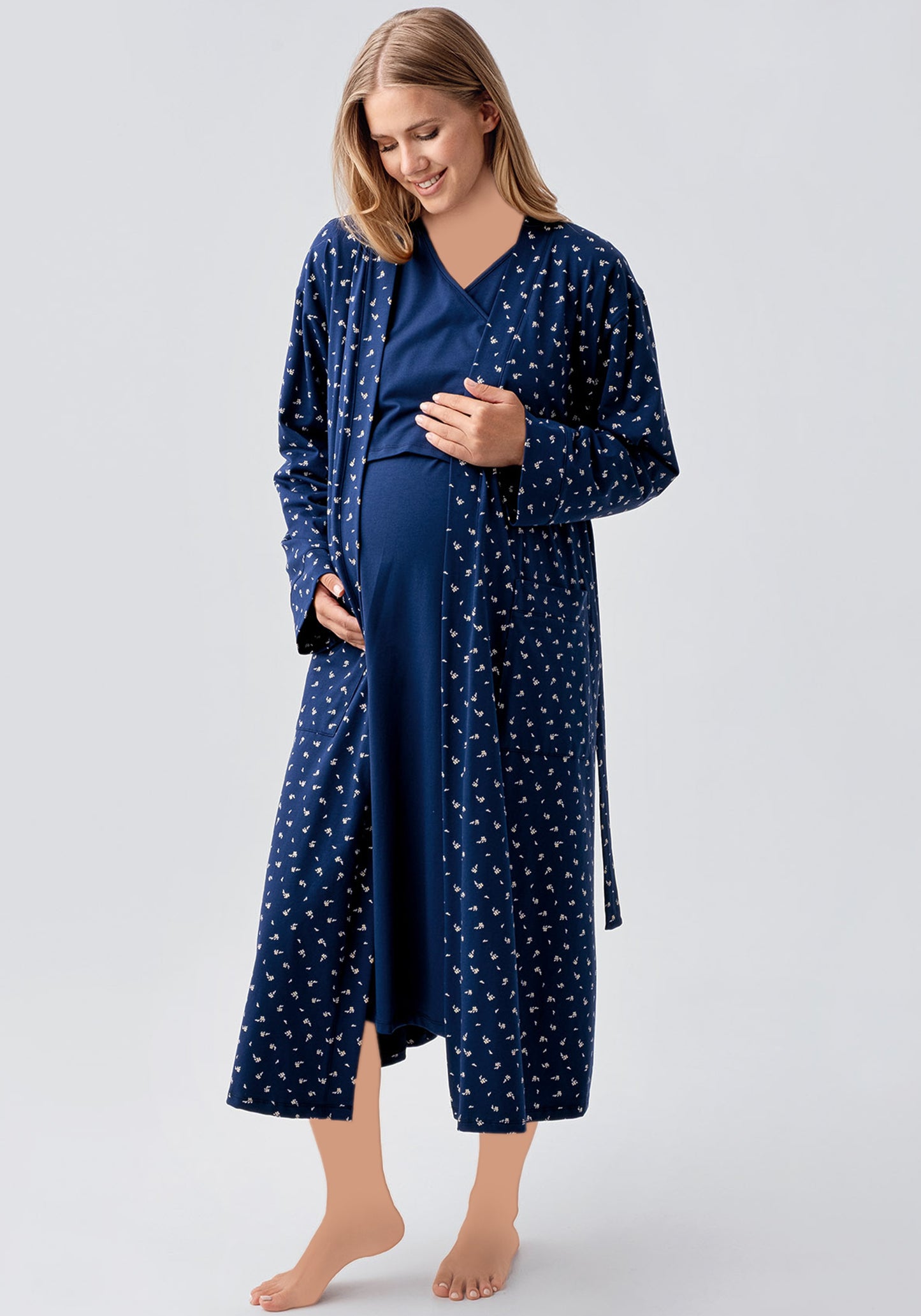 Maternal 2 Pieces Cotton Lycra Long Robe And Nighty Set