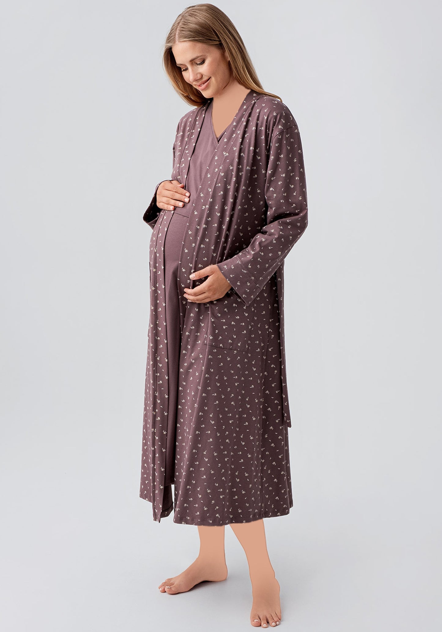 Maternal 2 Pieces Cotton Lycra Long Robe And Nighty Set