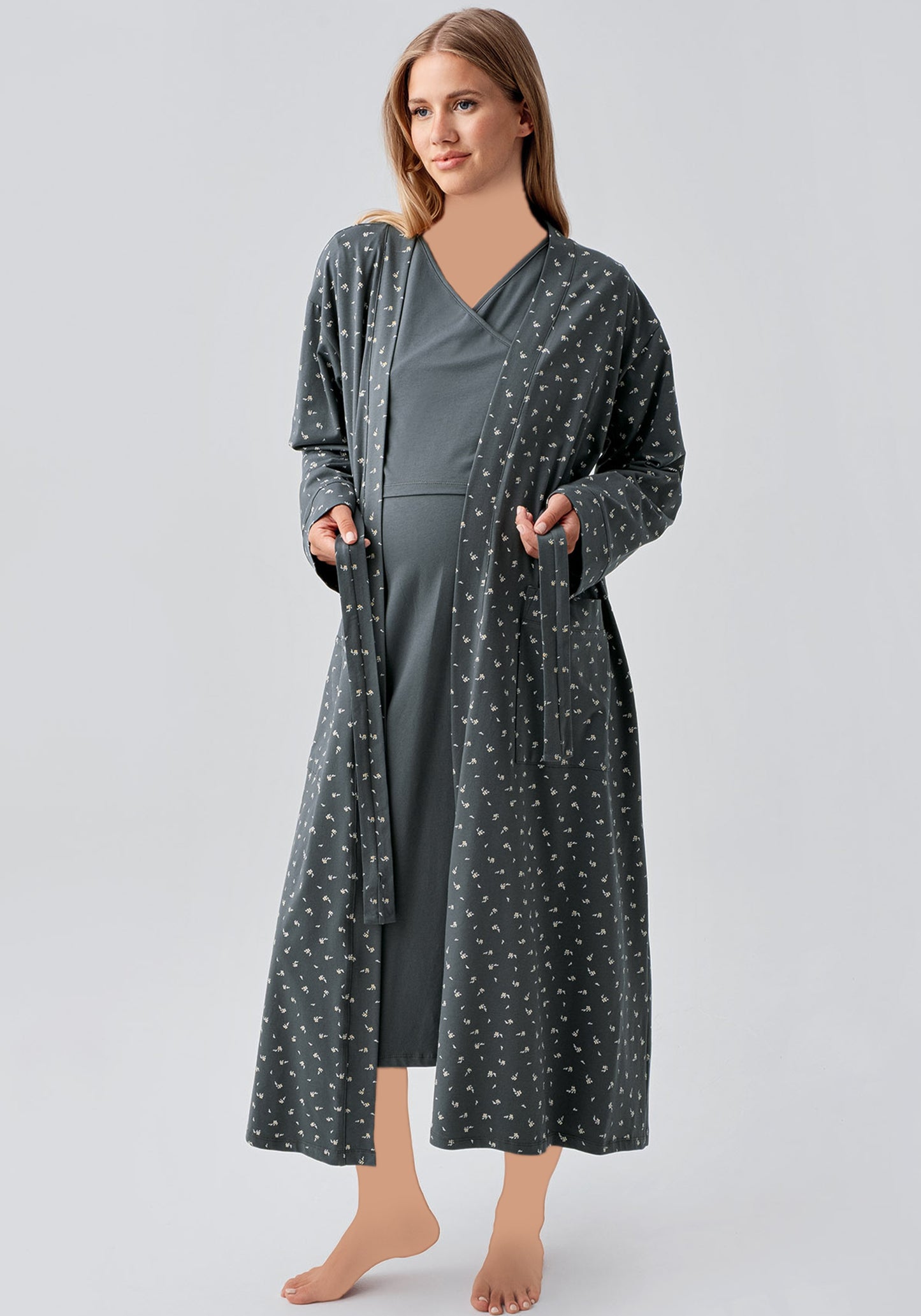Maternal 2 Pieces Cotton Lycra Long Robe And Nighty Set