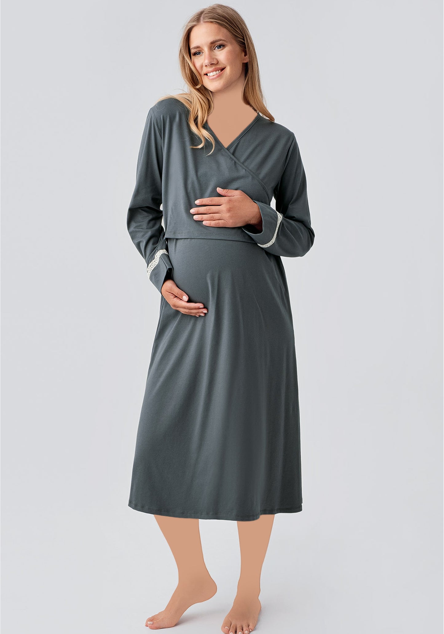 Maternal 2 Pieces Cotton Lycra Long Robe And Nighty Set