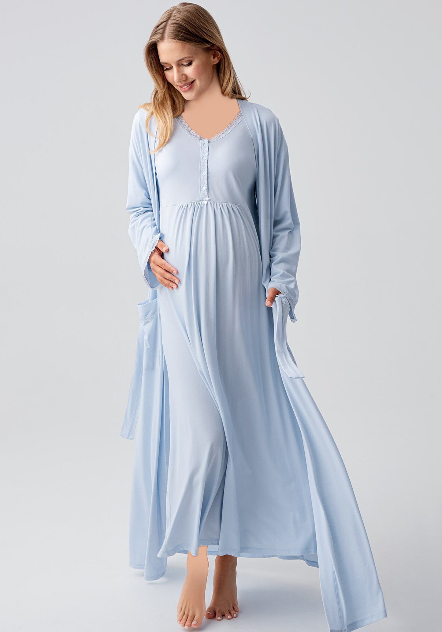 Maternal 2 Pieces Viscose Lycra Long Robe And Nighty Set