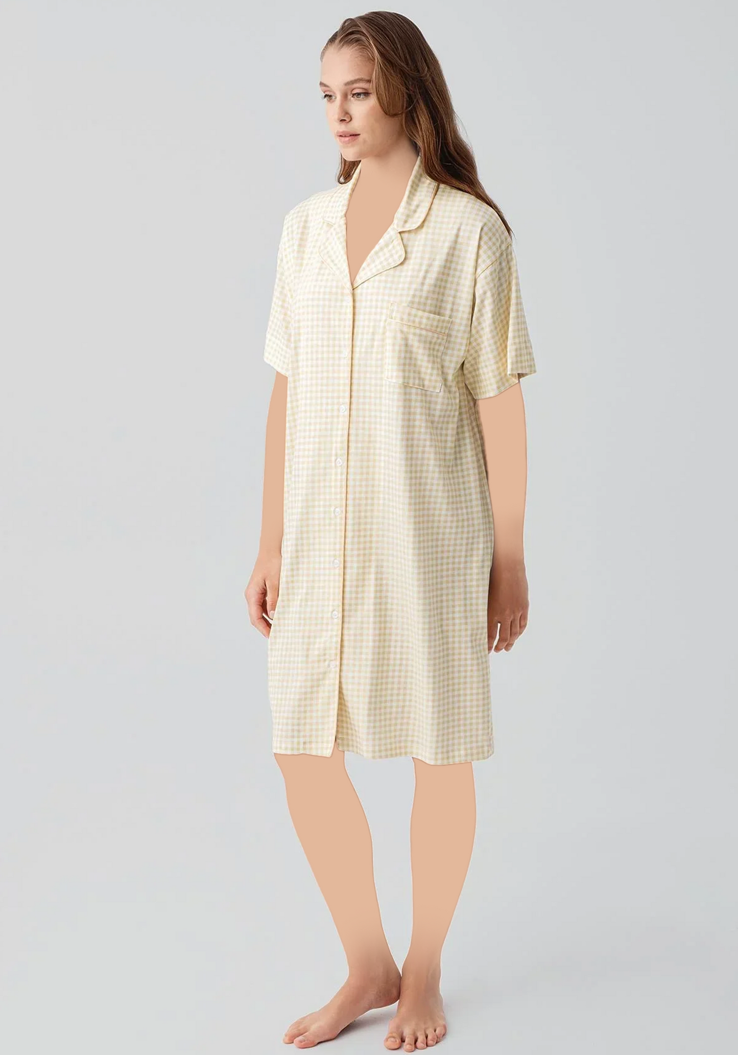 Cotton (100%) Woven Collar Button Short Sleeve Jackard Nighty