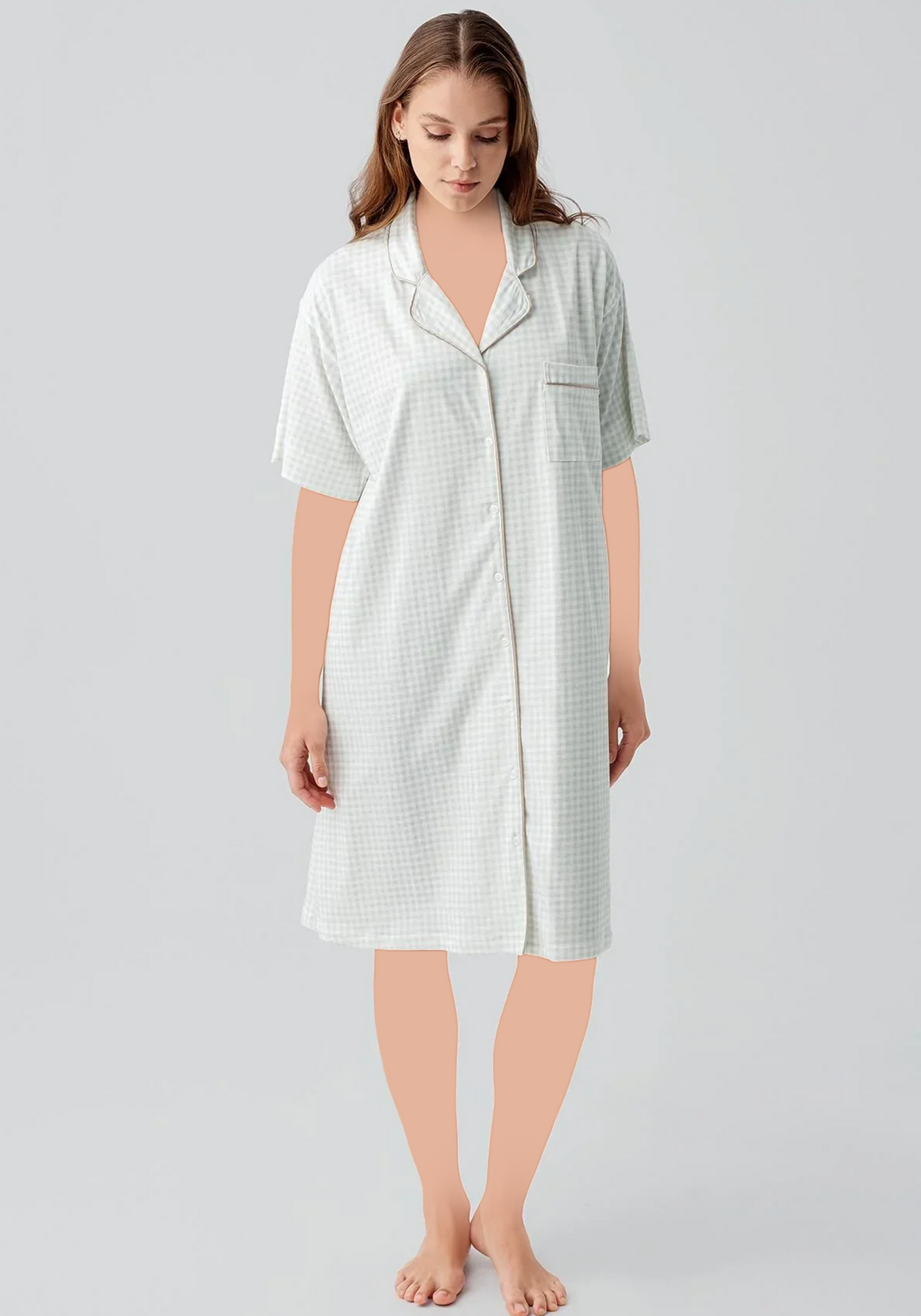 Cotton (100%) Woven Collar Button Short Sleeve Jackard Nighty