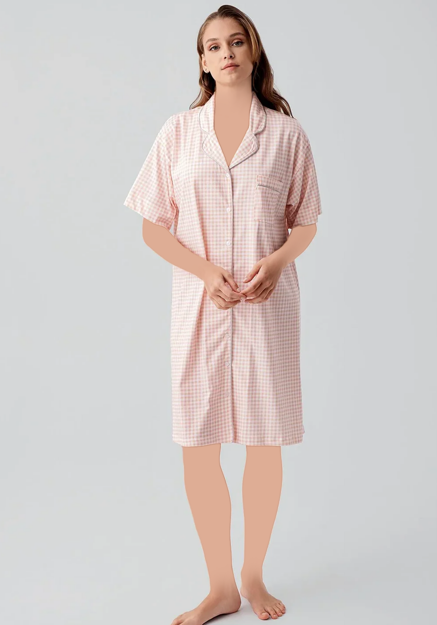 Cotton (100%) Woven Collar Button Short Sleeve Jackard Nighty