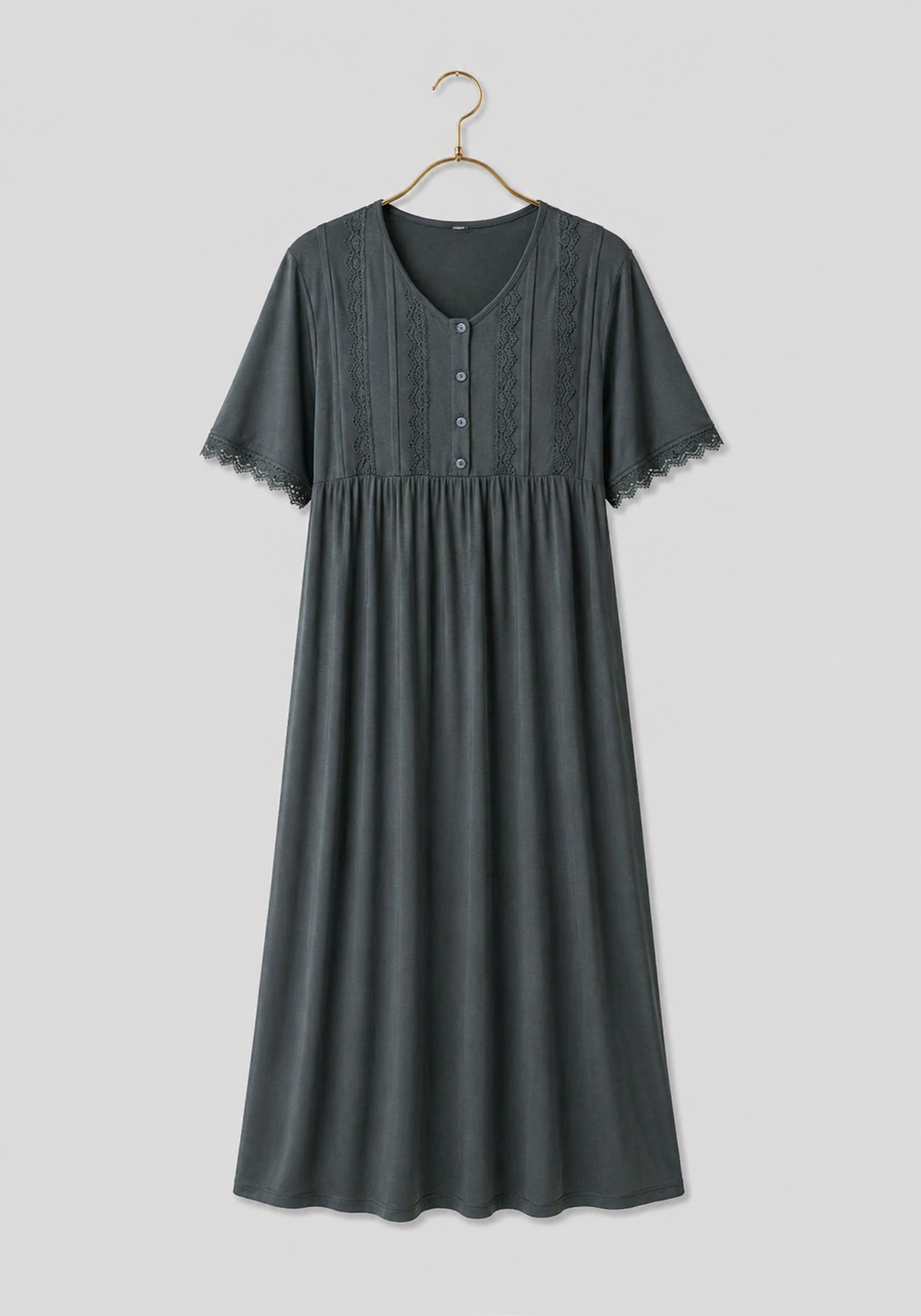 Plus Size Viscose Lycra Plain Short Sleeve Long Nighty  With Lace Detail