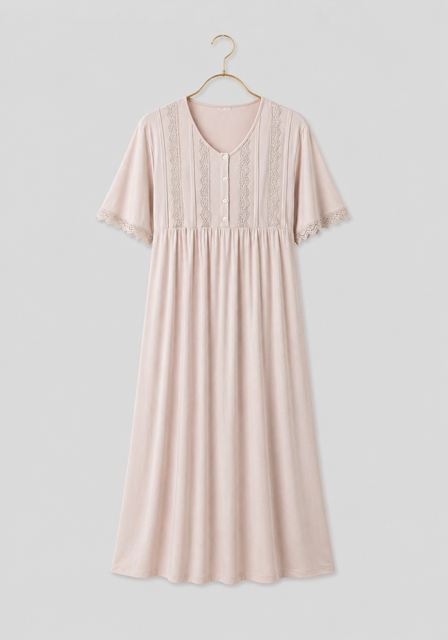 Plus Size Viscose Lycra Plain Short Sleeve Long Nighty  With Lace Detail
