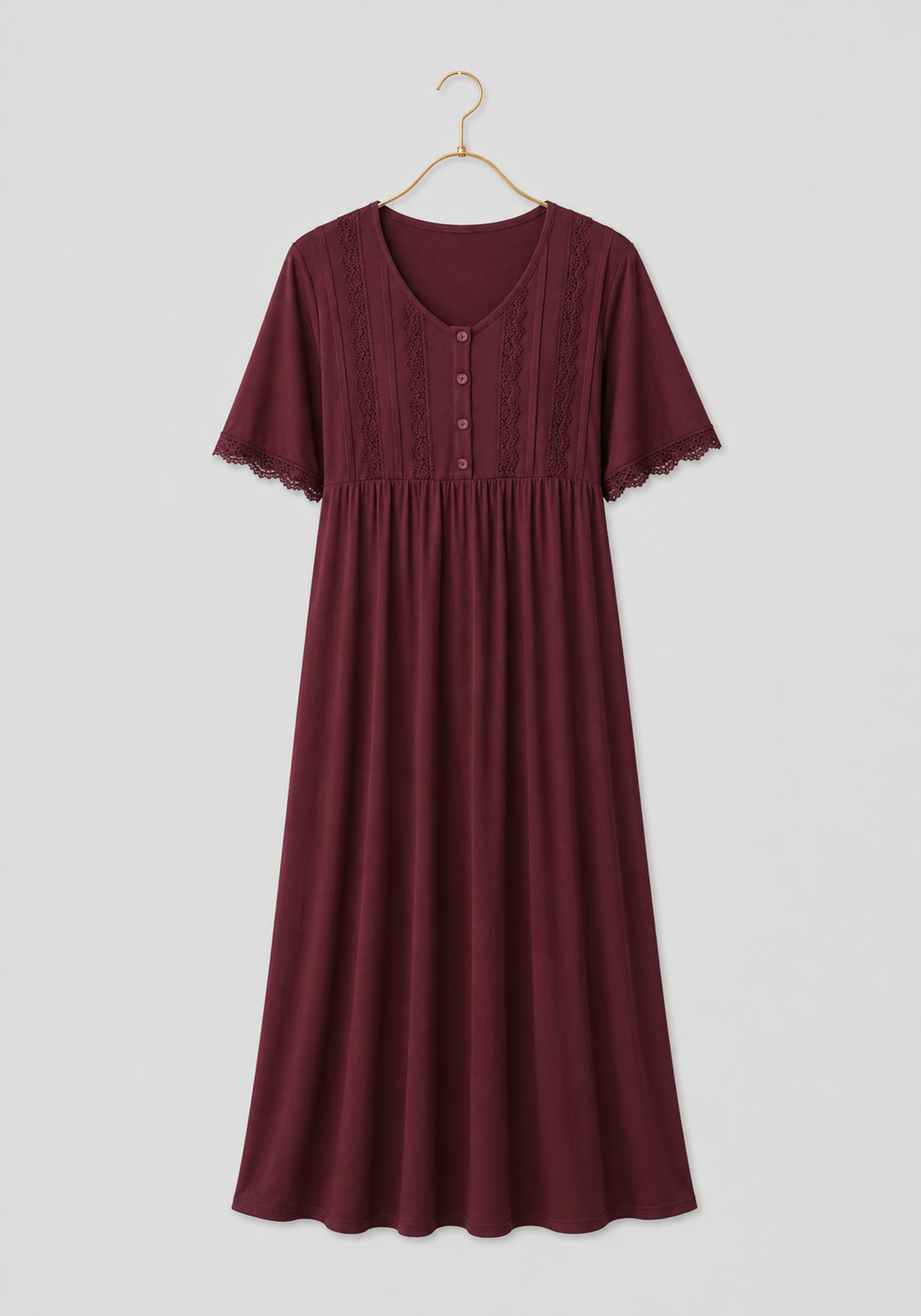 Plus Size Viscose Lycra Plain Short Sleeve Long Nighty  With Lace Detail