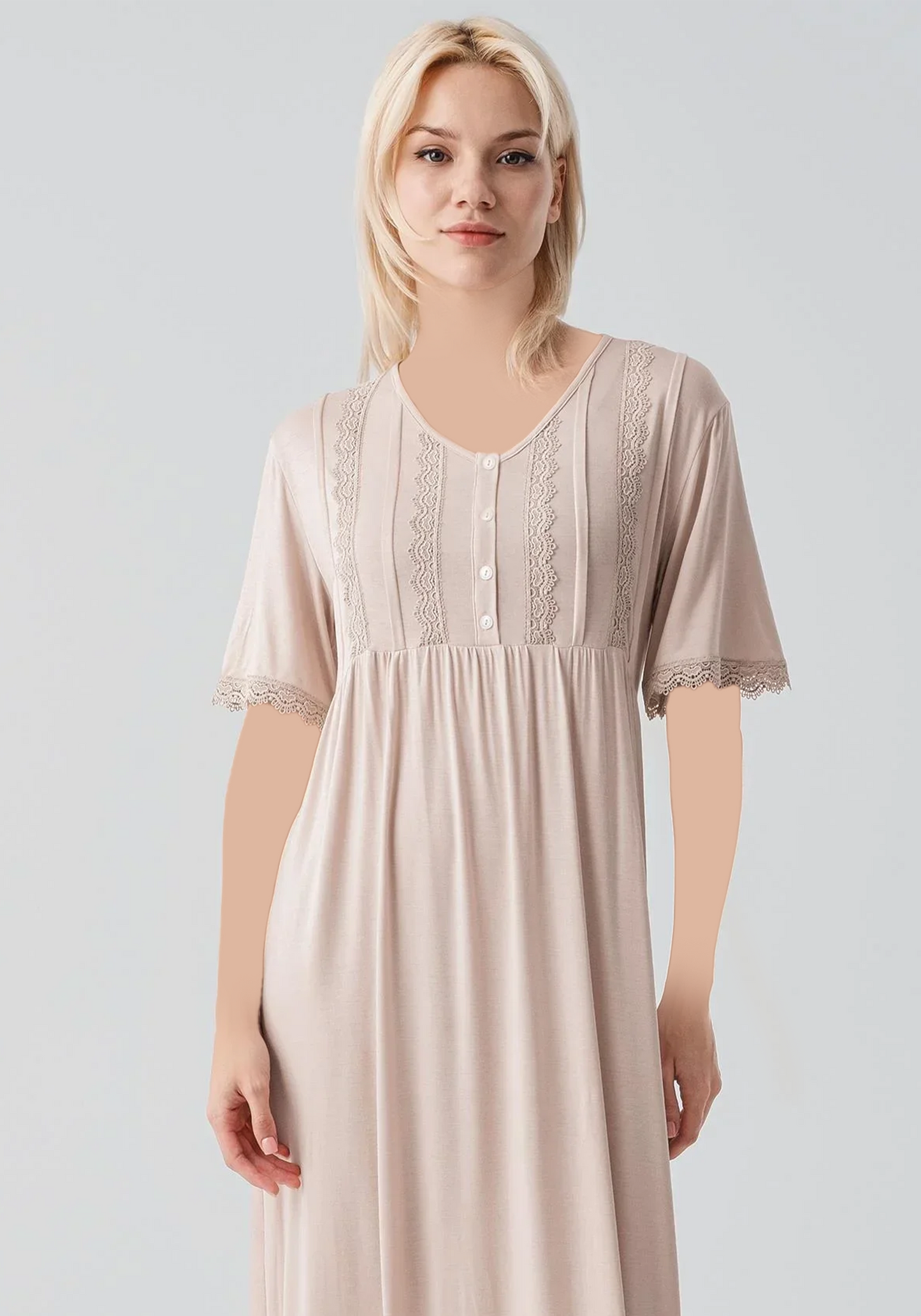 Plus Size Viscose Lycra Plain Short Sleeve Long Nighty  With Lace Detail