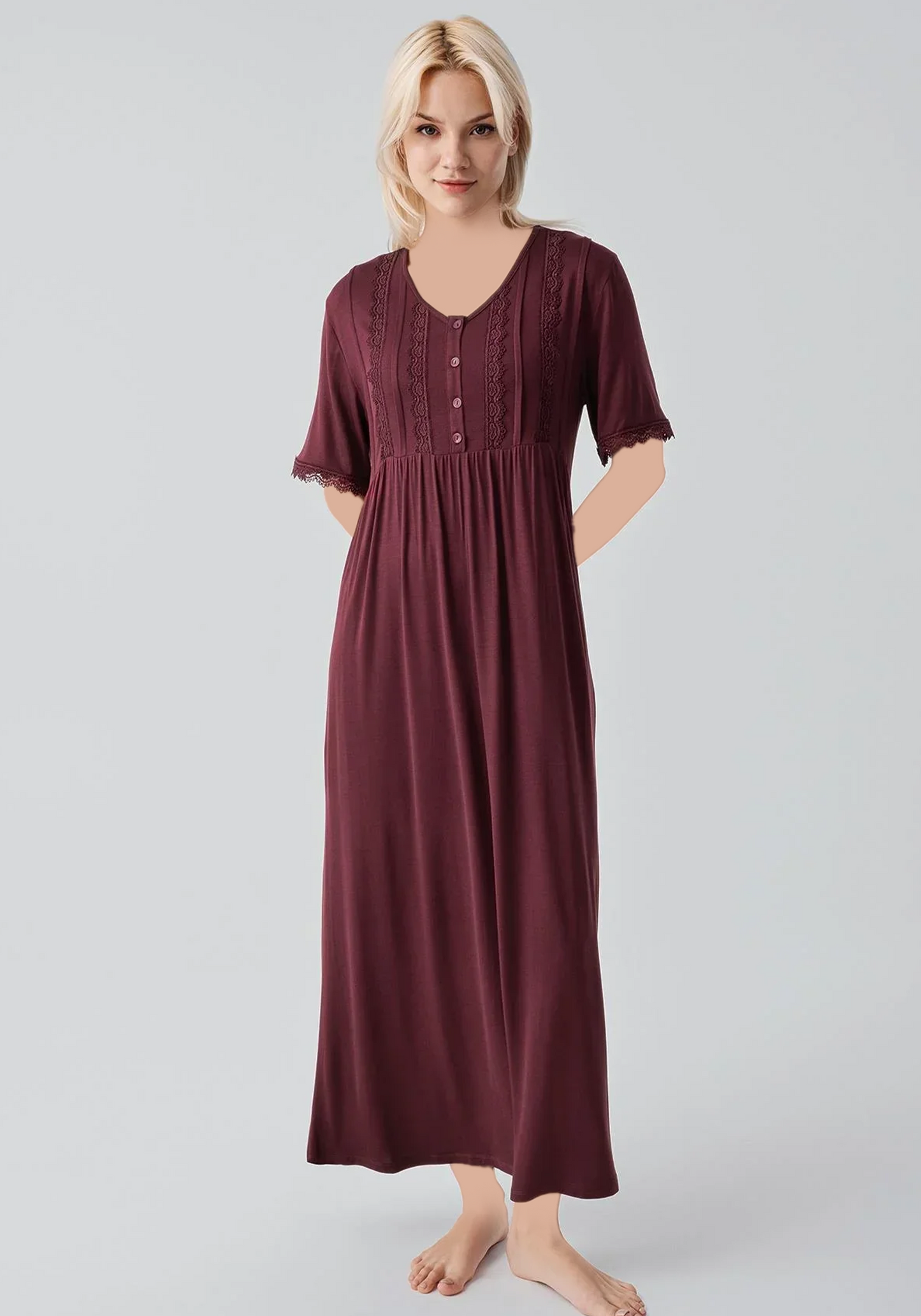 Plus Size Viscose Lycra Plain Short Sleeve Long Nighty  With Lace Detail
