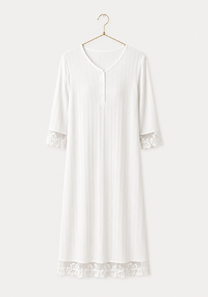 Pointelle Long Sleeve Half Button Short Nighty