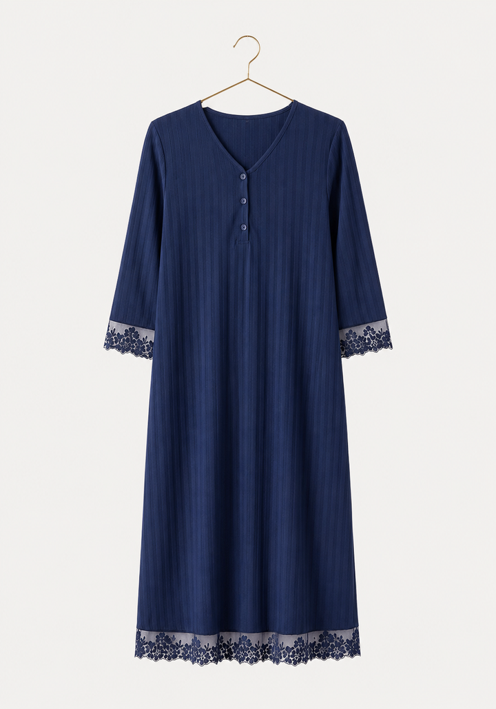 Pointelle Long Sleeve Half Button Short Nighty