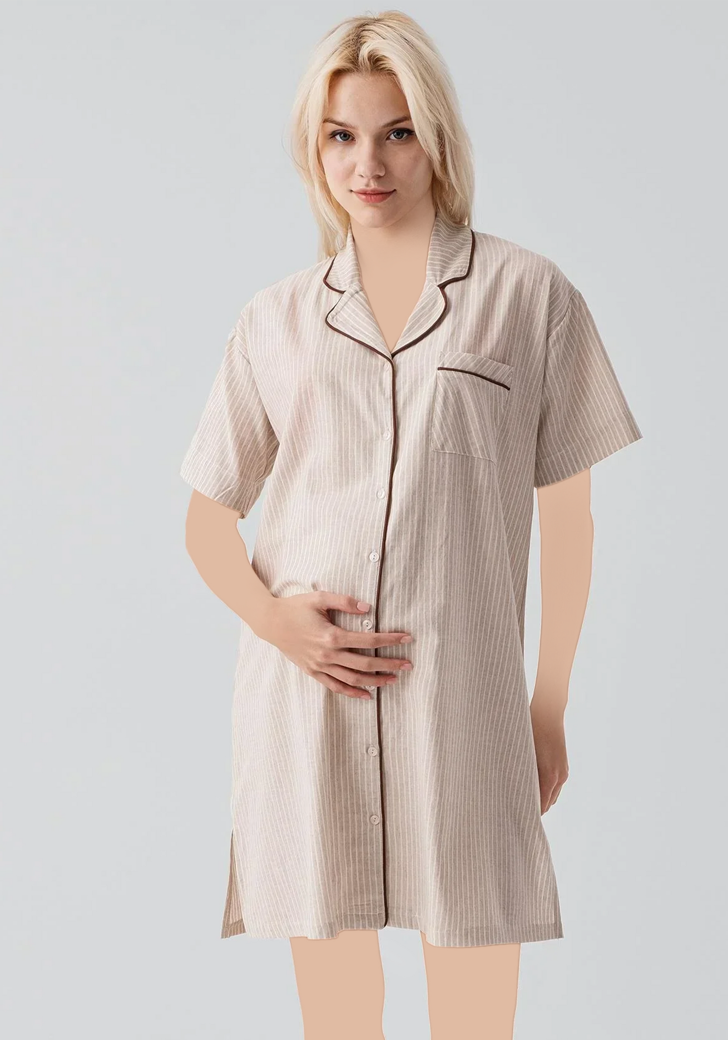Cotton (100%) Woven Collar Button Short Sleeve Striped Nighty
