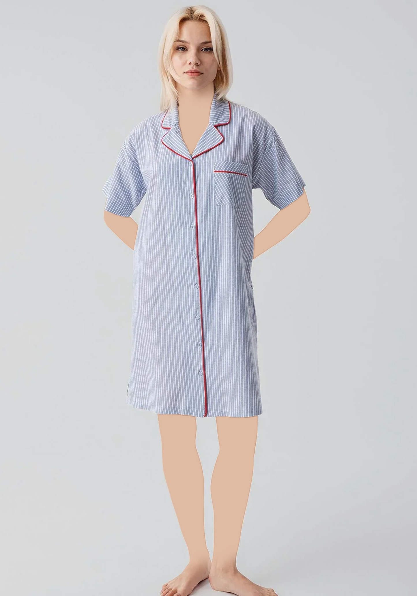 Cotton (100%) Woven Collar Button Short Sleeve Striped Nighty
