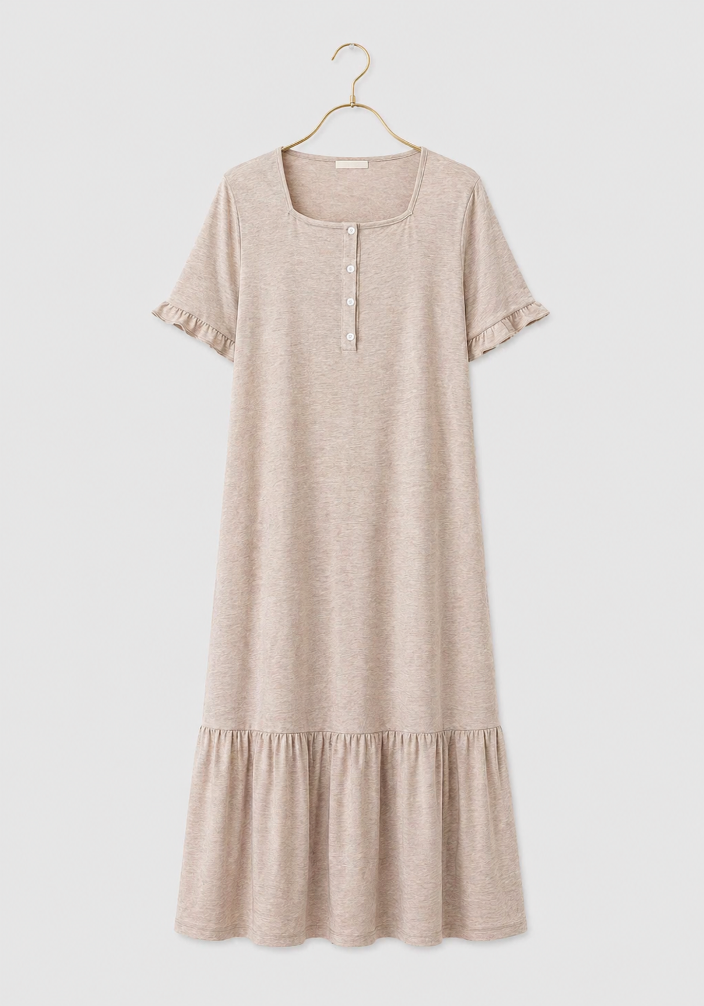 Cotton Button Short Sleeves Ruffled Long Nighty