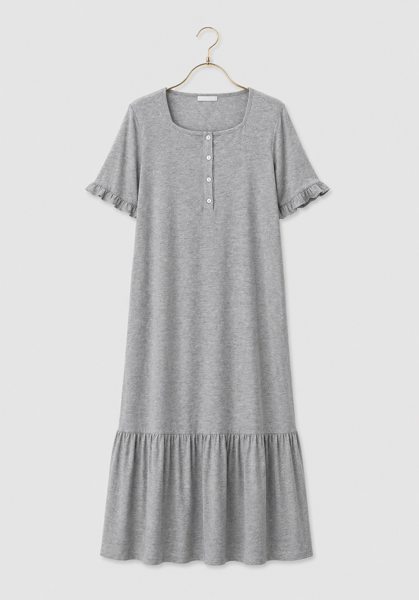 Cotton Button Short Sleeves Ruffled Long Nighty