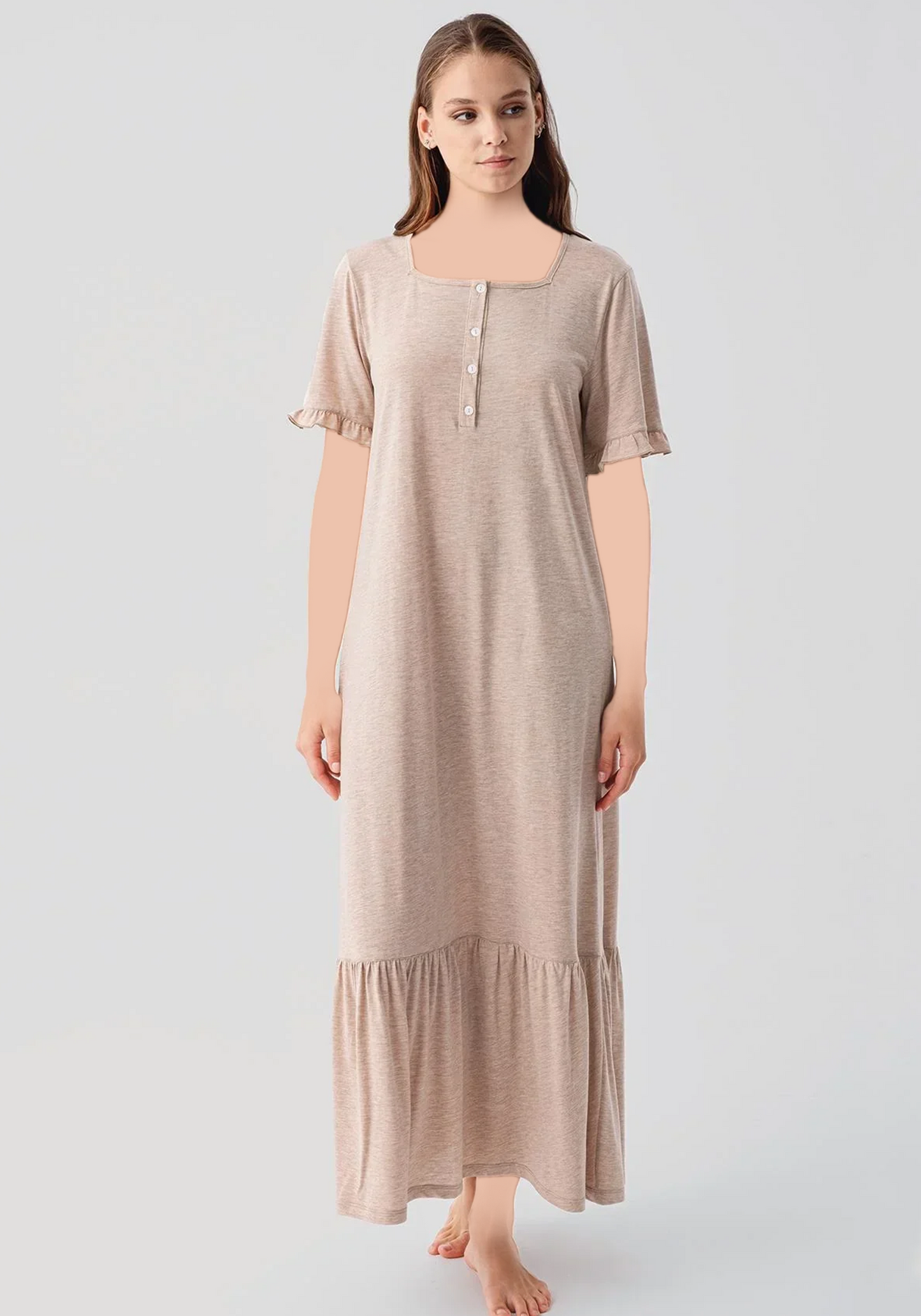 Cotton Button Short Sleeves Ruffled Long Nighty