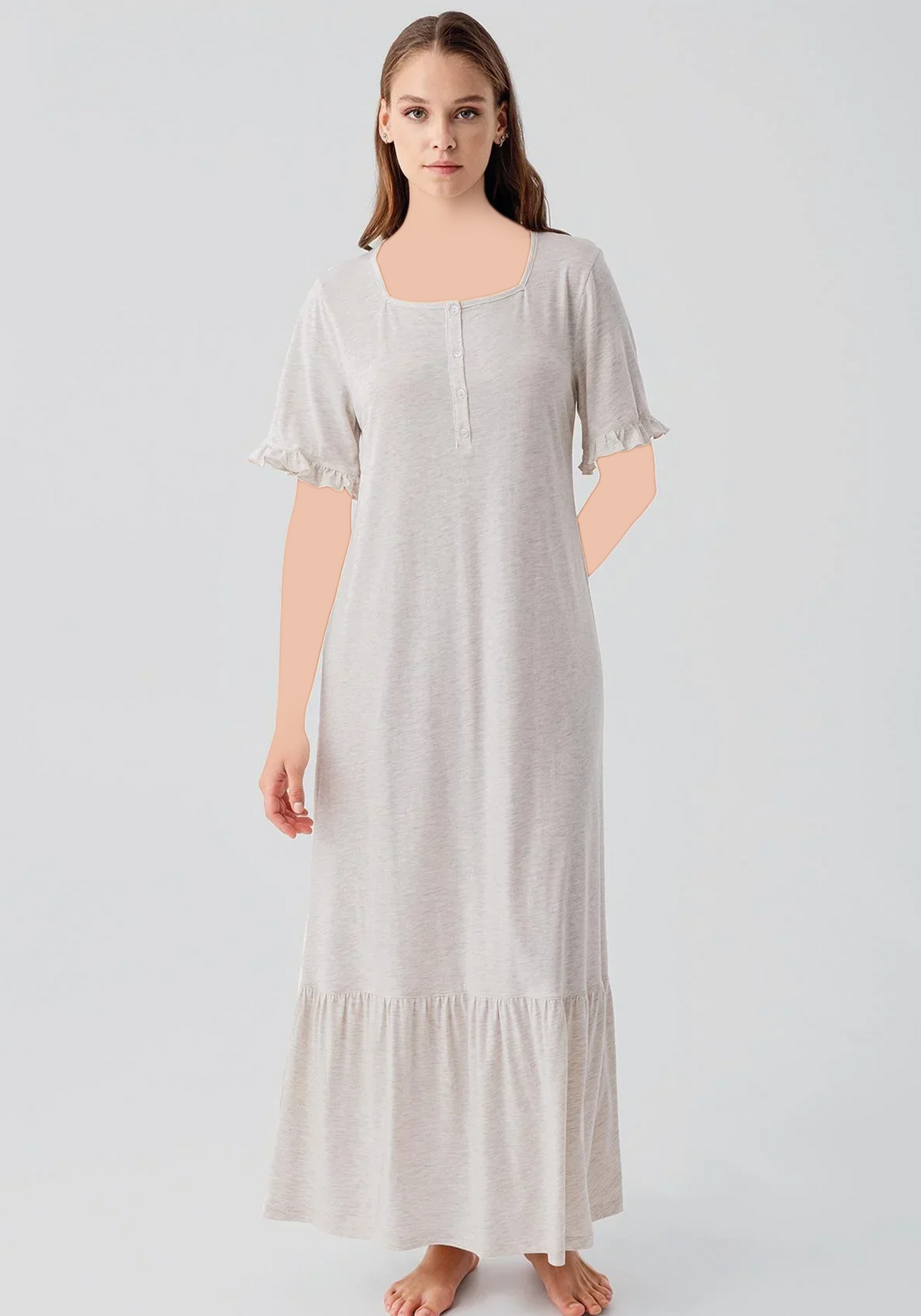 Cotton Button Short Sleeves Ruffled Long Nighty