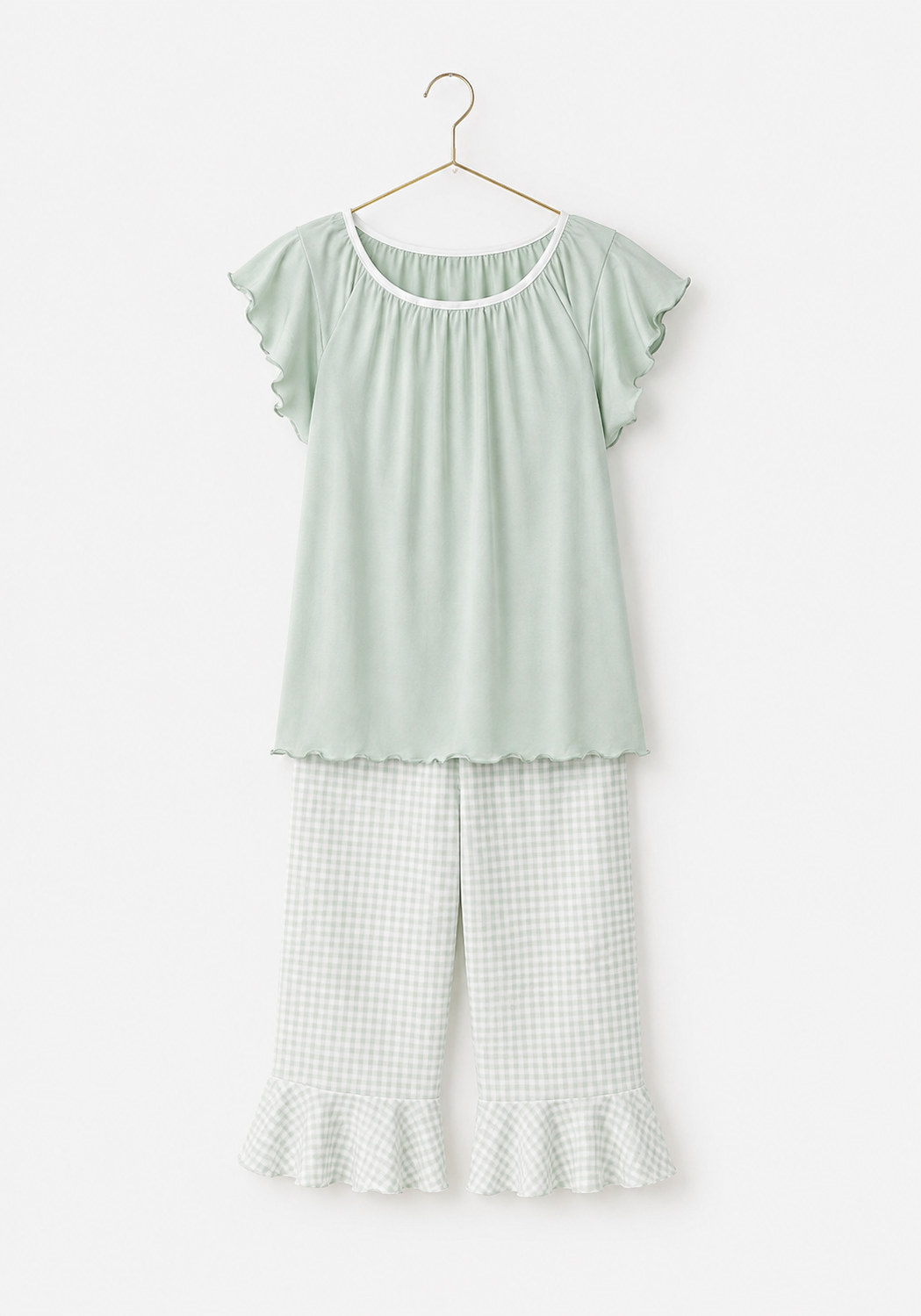 Plain Mega Sleeve Gingham Top And Chequered Capri Set