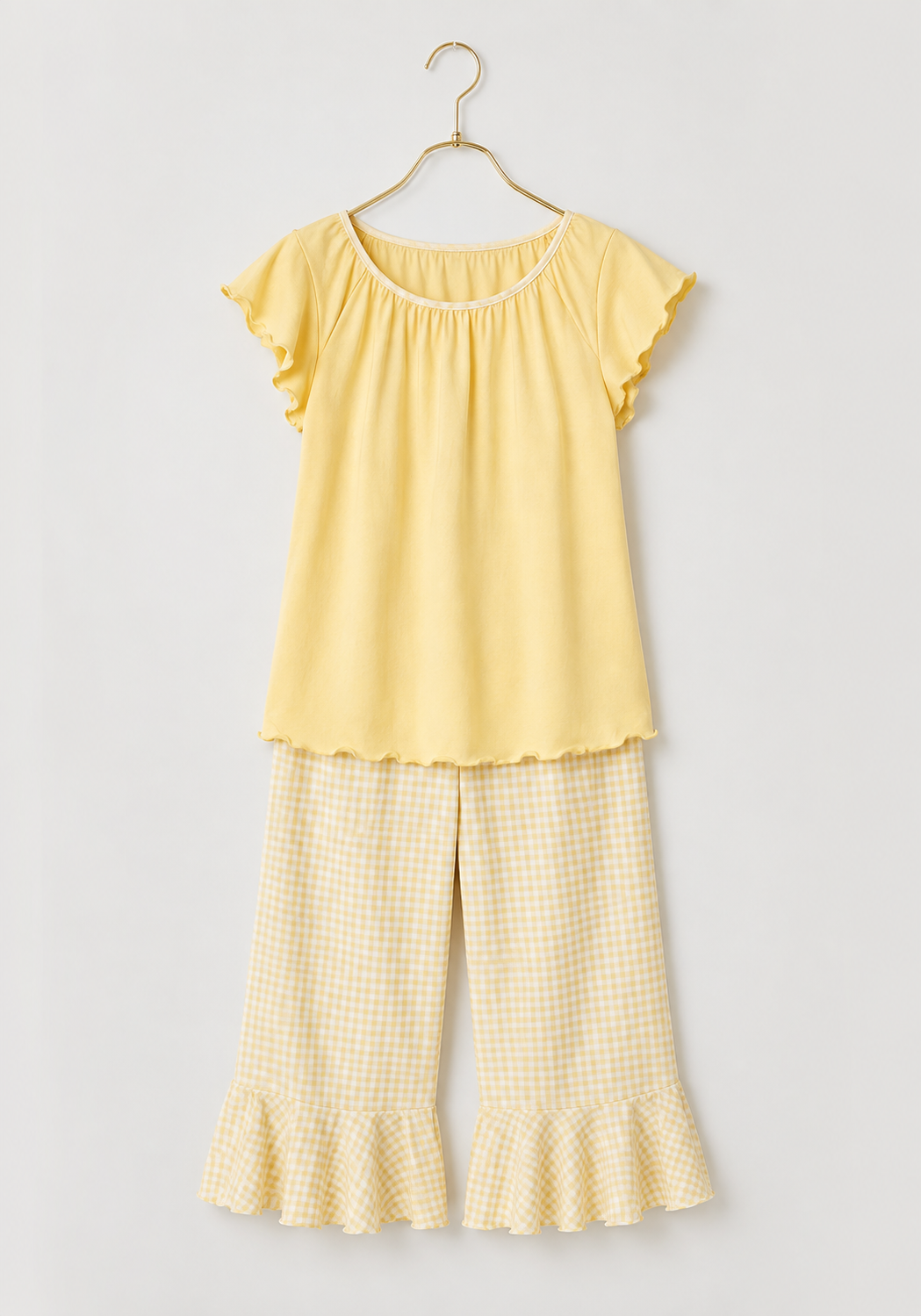 Plain Mega Sleeve Gingham Top And Chequered Capri Set