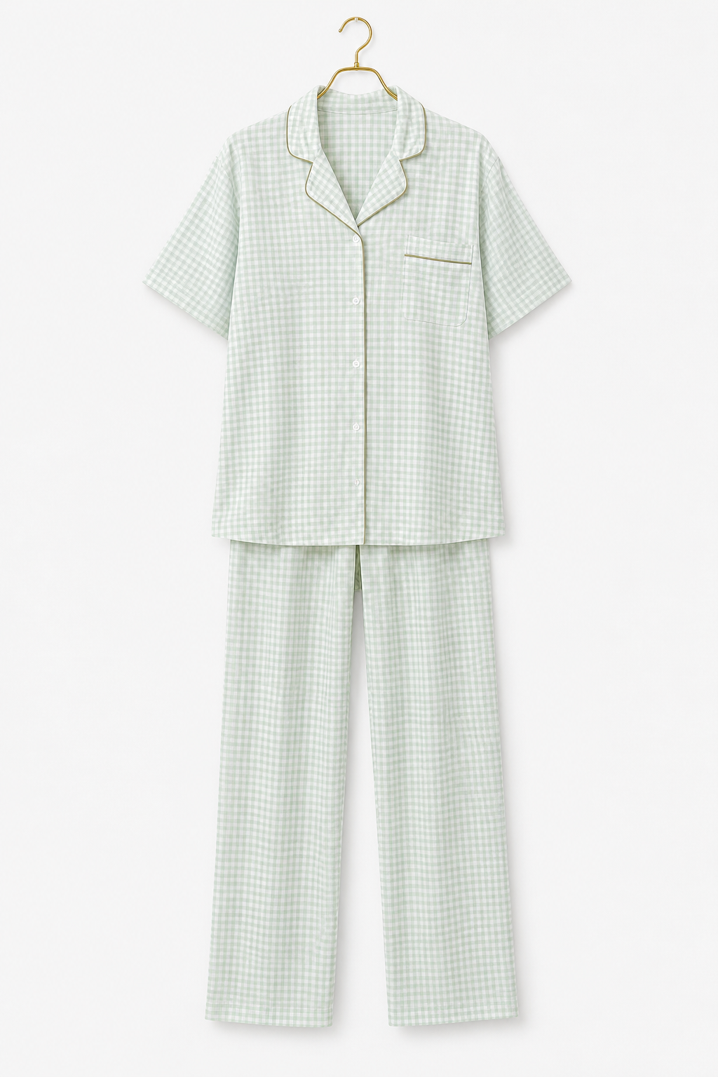 Chequered Short Sleeve Collar Button Gingham Pajamas
