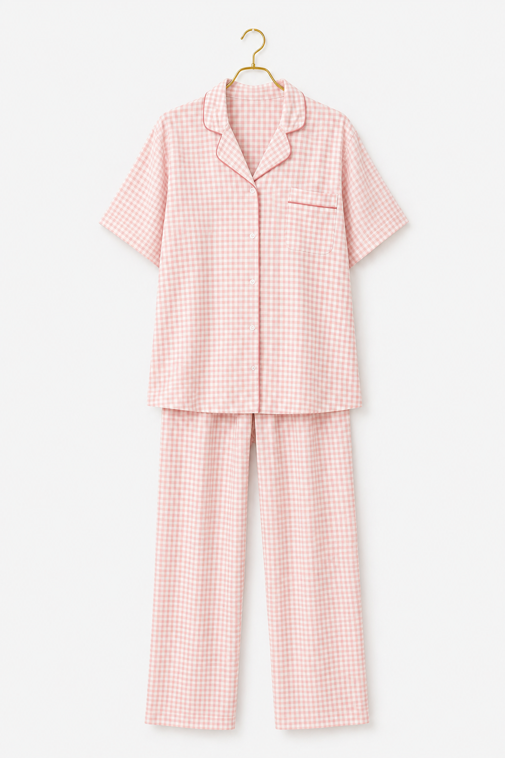 Chequered Short Sleeve Collar Button Gingham Pajamas