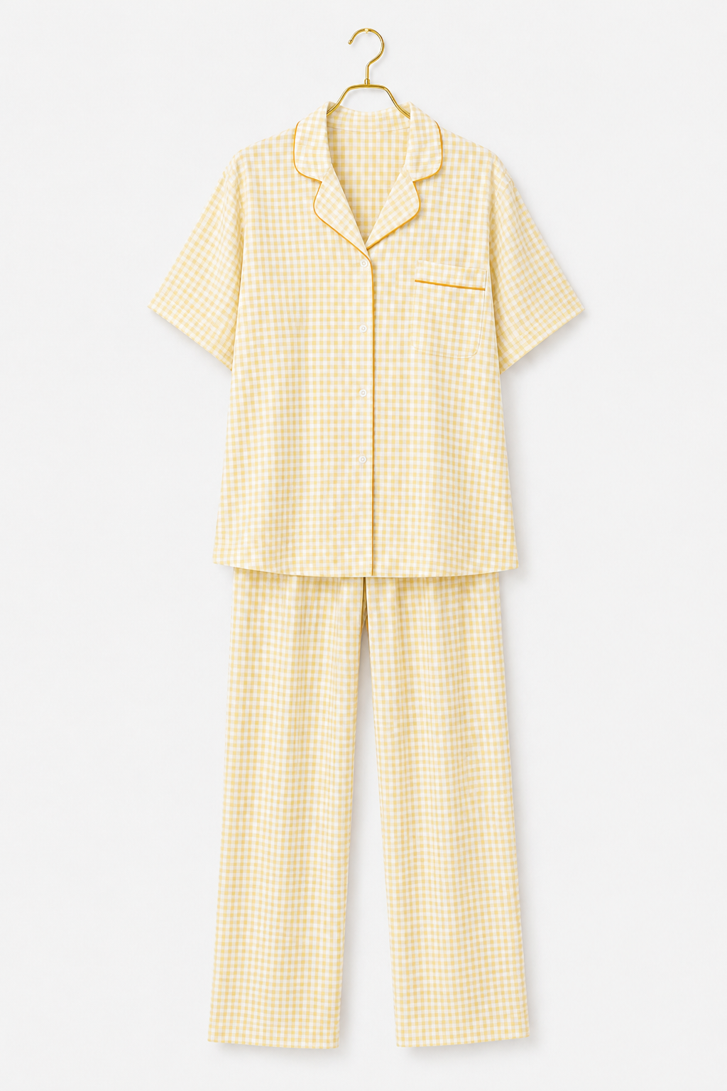 Chequered Short Sleeve Collar Button Gingham Pajamas