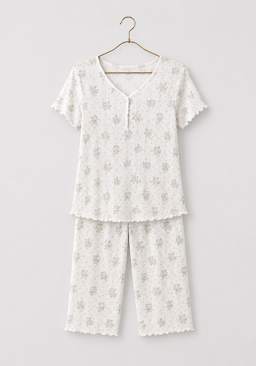 Flower-Print Pointelle Short Sleeve Half Buttoned Top And Capri Set