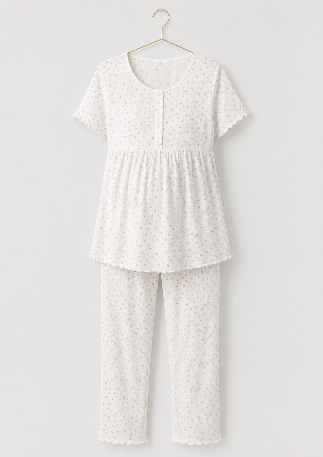 Flower-Print Ribbed Short Sleeve Half Buttoned Top And Pant Pajamas