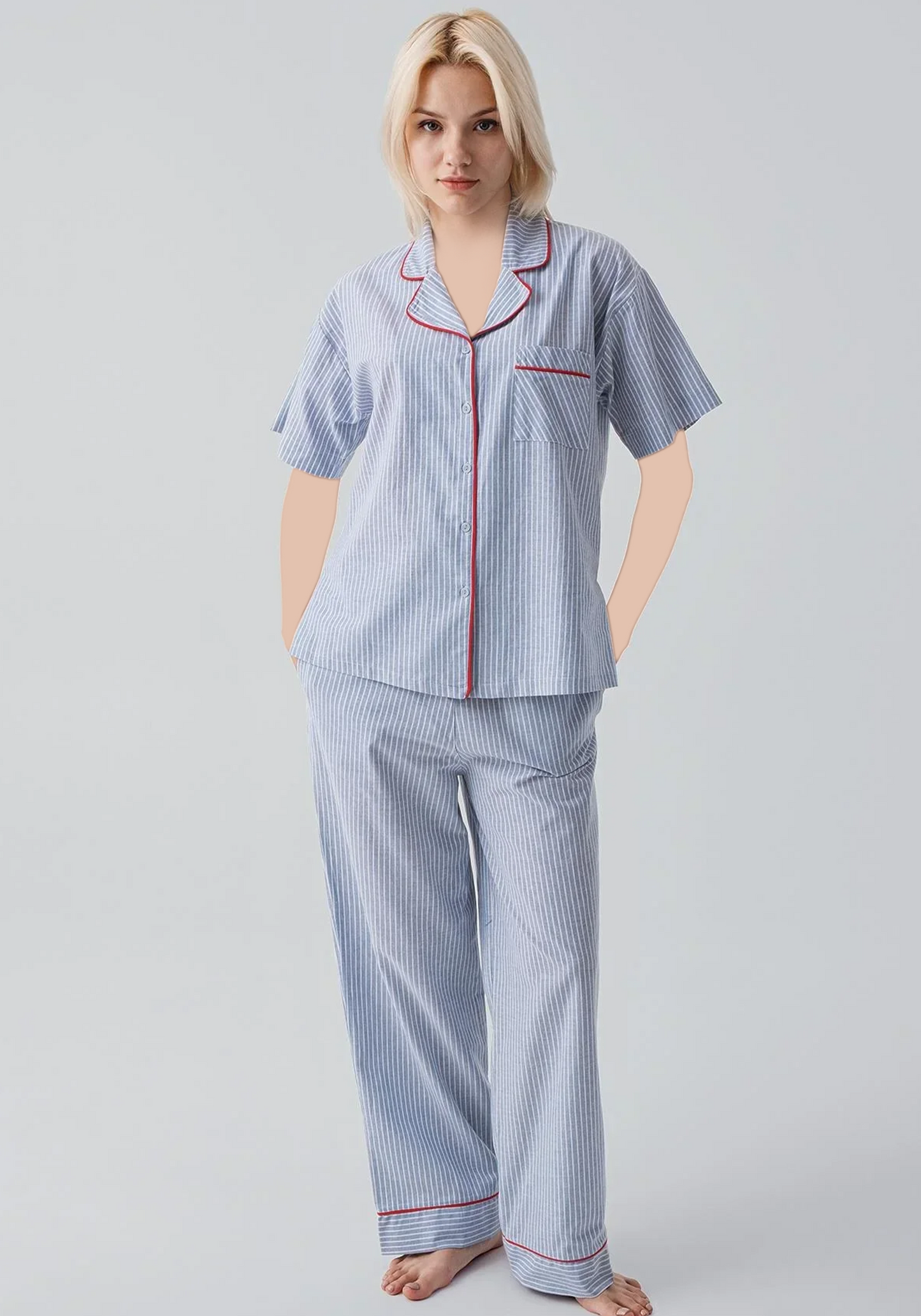 Cotton (100%) Woven Collar Button Short Sleeve Striped Pajamas