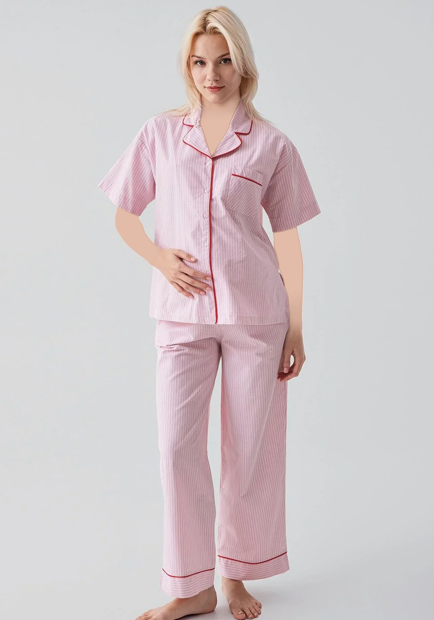 Cotton (100%) Woven Collar Button Short Sleeve Striped Pajamas