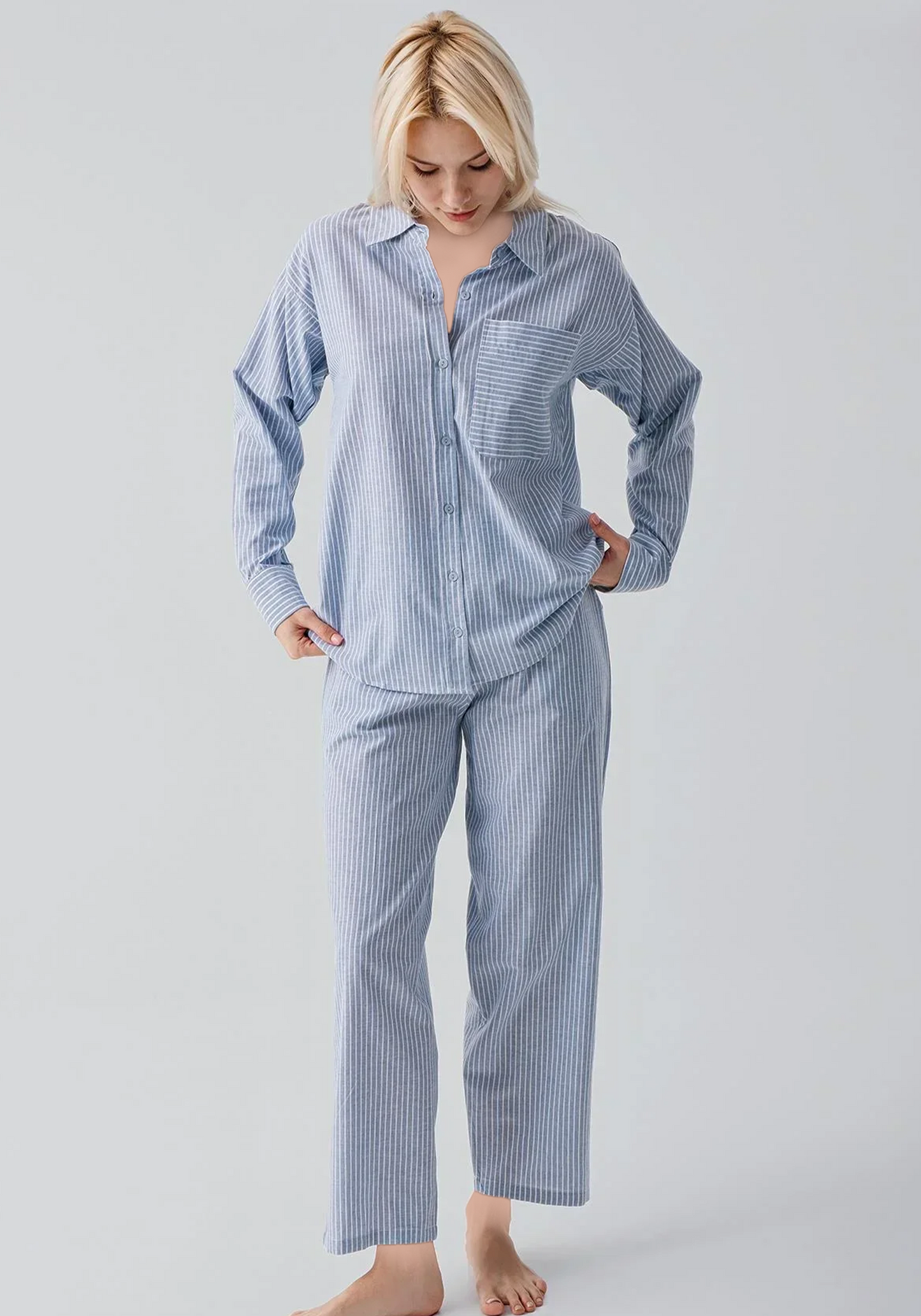 Cotton (100%) Woven Collar Button Short Sleeve Striped Pajamas
