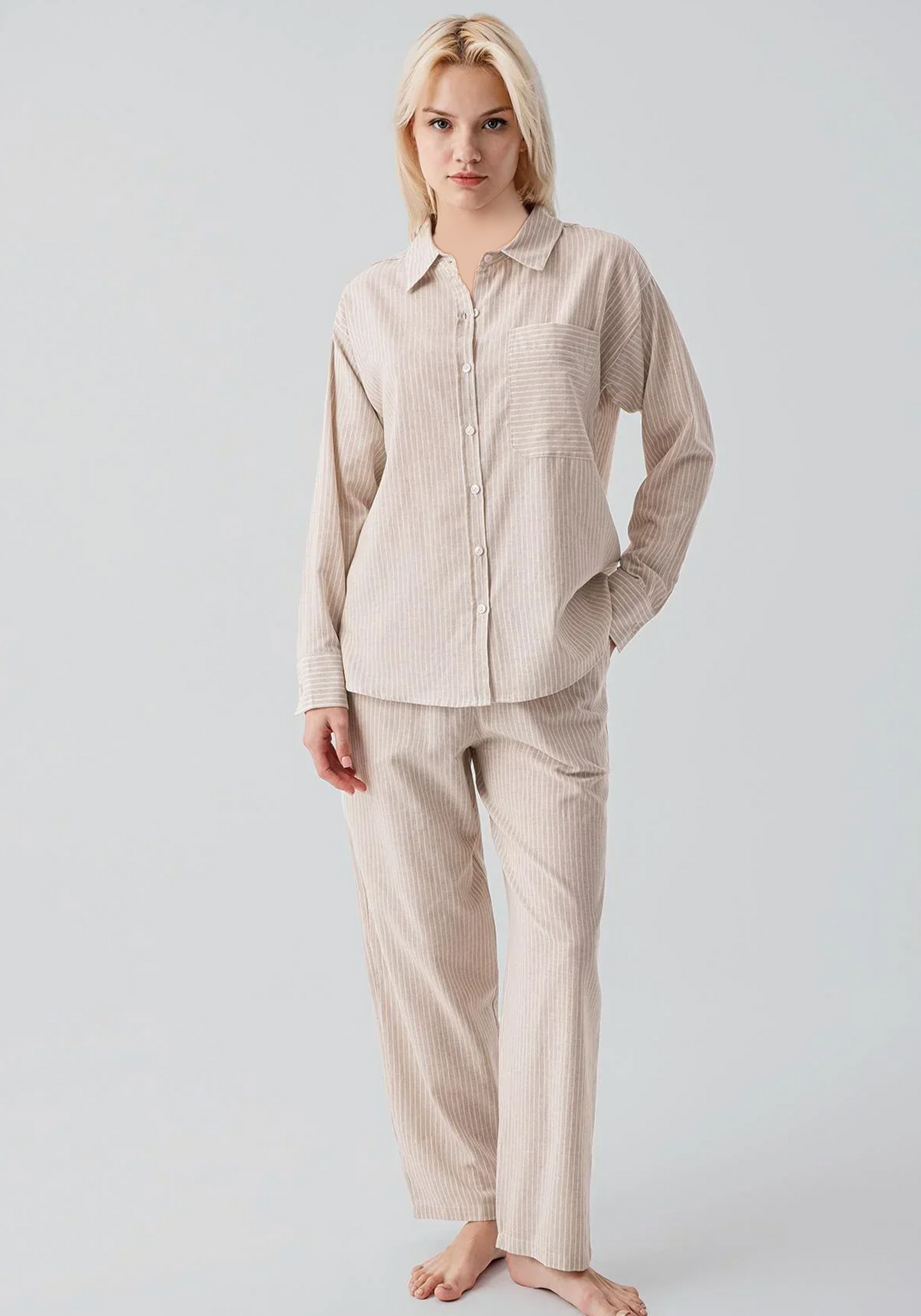 Cotton (100%) Woven Collar Button Short Sleeve Striped Pajamas
