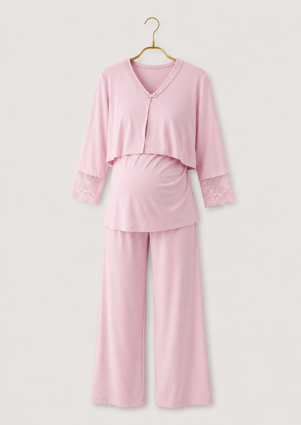 Plain Long Sleeve Pajamas And Long Robe With Dantel Details